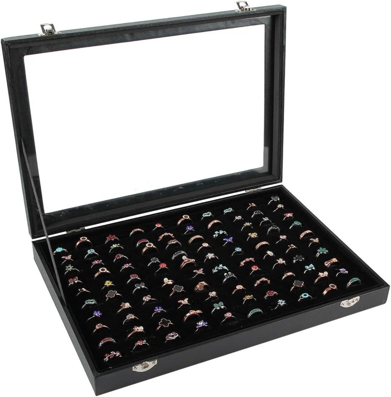 Ring Display Case Organizer Box with Transparent Lid – 100-Slot Ring Holder Showcase for Jewelry Rings, Studs, and Earrings – Black Velvet Organizer for Home and Store Display (Black)
